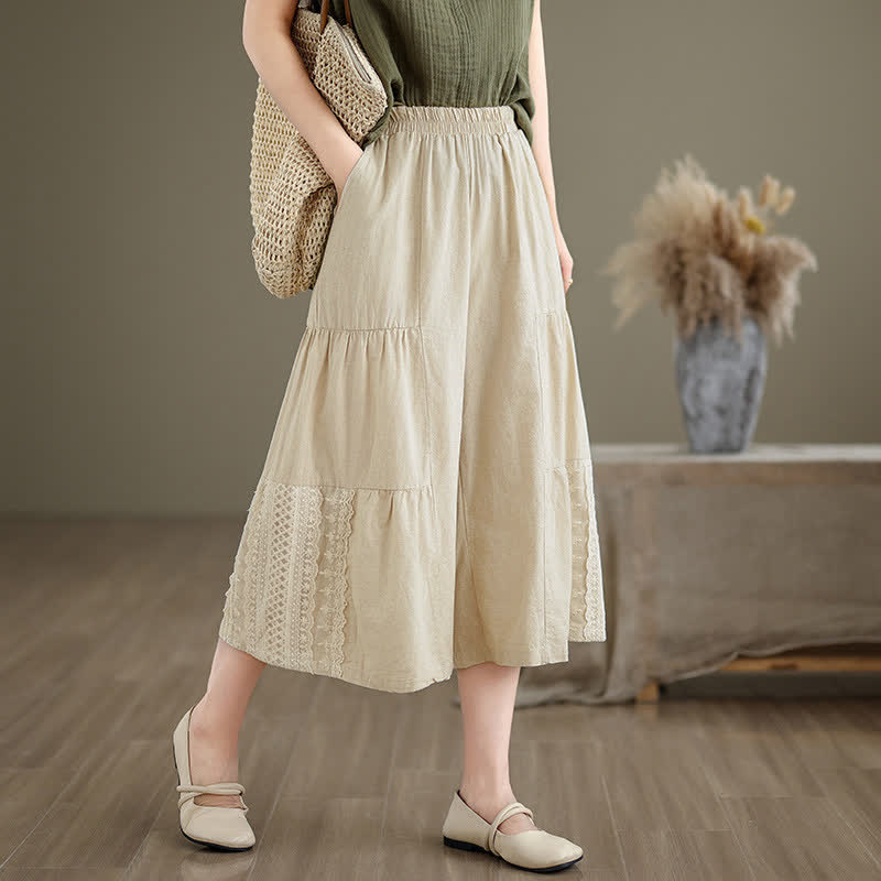 Pantaloni da donna a gamba larga, corti, in cotone, con inserti in pizzo e tasche , Buddha Stones Casual Plain Lace Splicing. - Beige - US8-10, UK/AU12-14, EU40-42 (2XL) - image 0