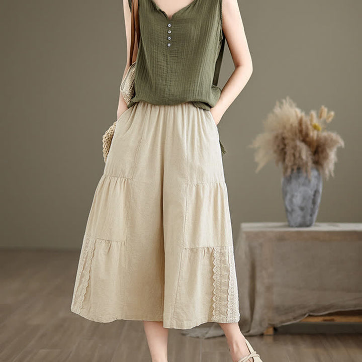 Pantaloni da donna a gamba larga, corti, in cotone, con inserti in pizzo e tasche , Buddha Stones Casual Plain Lace Splicing. - image 1