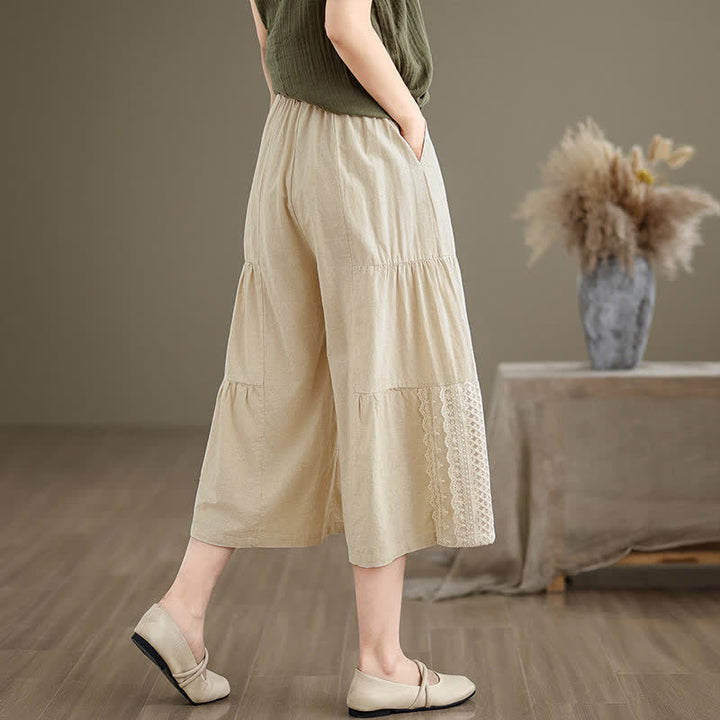 Pantaloni da donna a gamba larga, corti, in cotone, con inserti in pizzo e tasche , Buddha Stones Casual Plain Lace Splicing. - image 3
