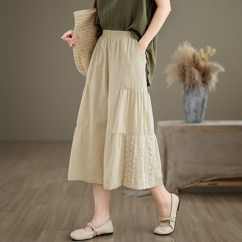 Pantaloni da donna a gamba larga, corti, in cotone, con inserti in pizzo e tasche , Buddha Stones Casual Plain Lace Splicing. - image 2