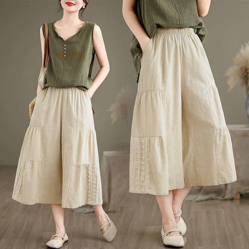 Pantaloni da donna a gamba larga, corti, in cotone, con inserti in pizzo e tasche , Buddha Stones Casual Plain Lace Splicing. - image 6