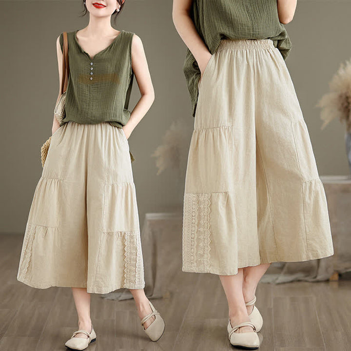 Pantaloni da donna a gamba larga, corti, in cotone, con inserti in pizzo e tasche , Buddha Stones Casual Plain Lace Splicing. - image 6
