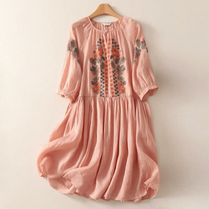 Buddha Stones Abito estivo da donna in stile boho con ricami floreali e maniche a tre quarti. - Salmone chiaro - US12, UK/AU16, EU44 (2XL) - image 0