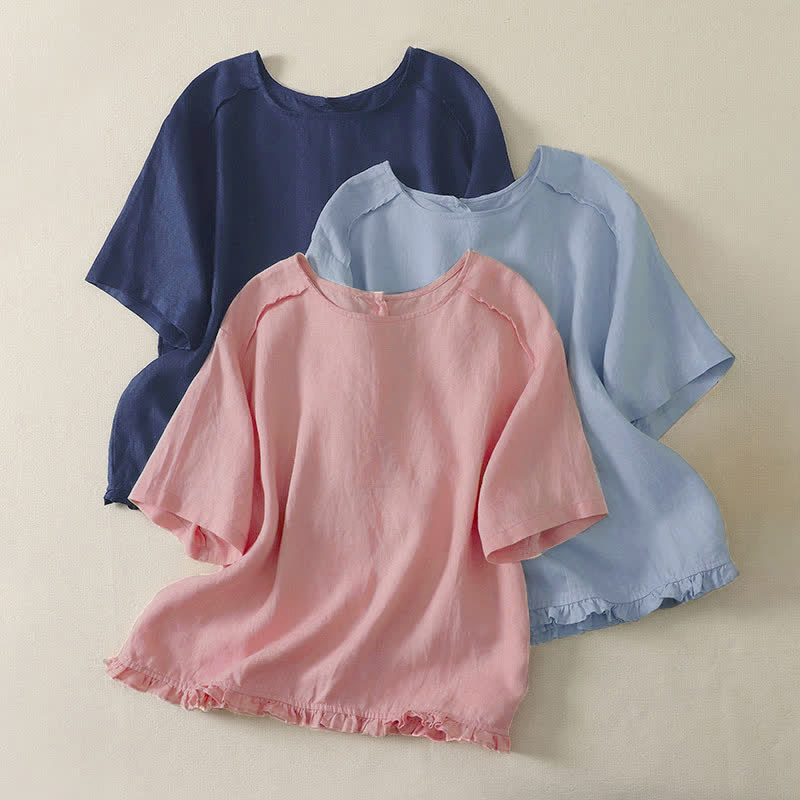 Buddha Stones T-shirt da donna a maniche corte, tinta unita, casual, minimalista, con orlo a volant, ideale per l'estate. - image 0
