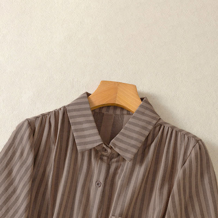 Buddha Stones Camicia da donna estiva casual a maniche corte a righe con bottoni e taschino applicato - image 17