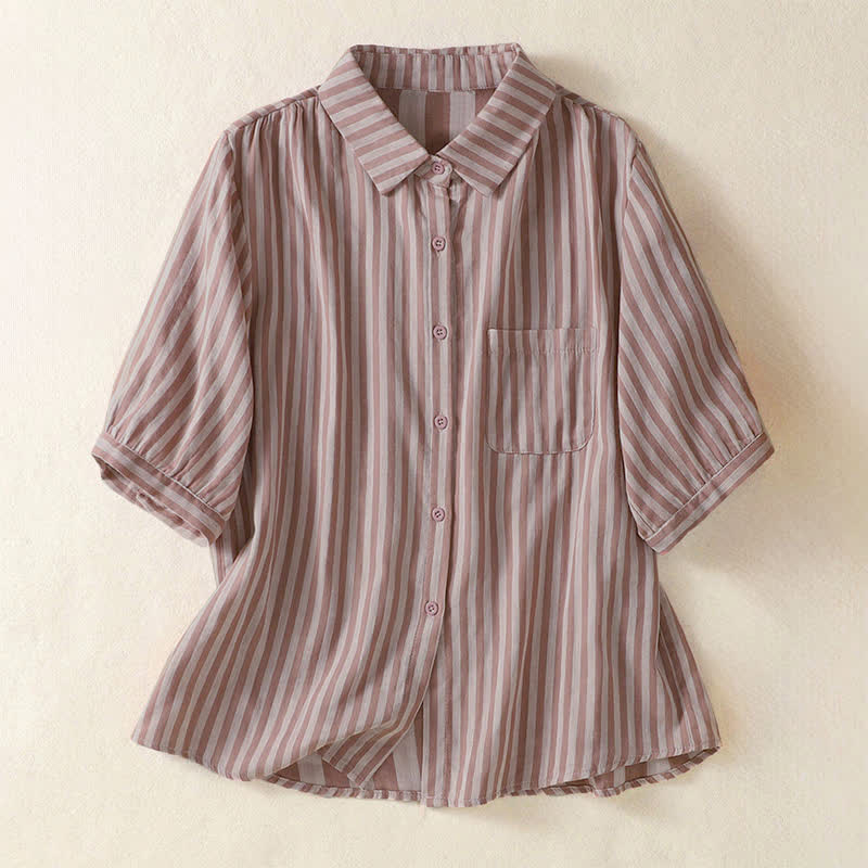Buddha Stones Camicia da donna estiva casual a maniche corte a righe con bottoni e taschino applicato - Marrone rosato - US12, UK/AU16, EU44 (3XL) - image 8