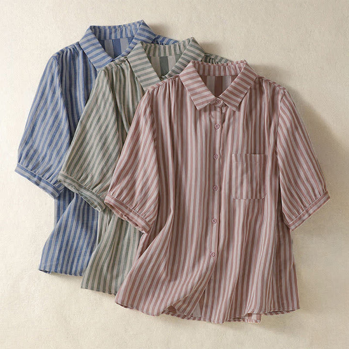 Buddha Stones Camicia da donna estiva casual a maniche corte a righe con bottoni e taschino applicato - image 29