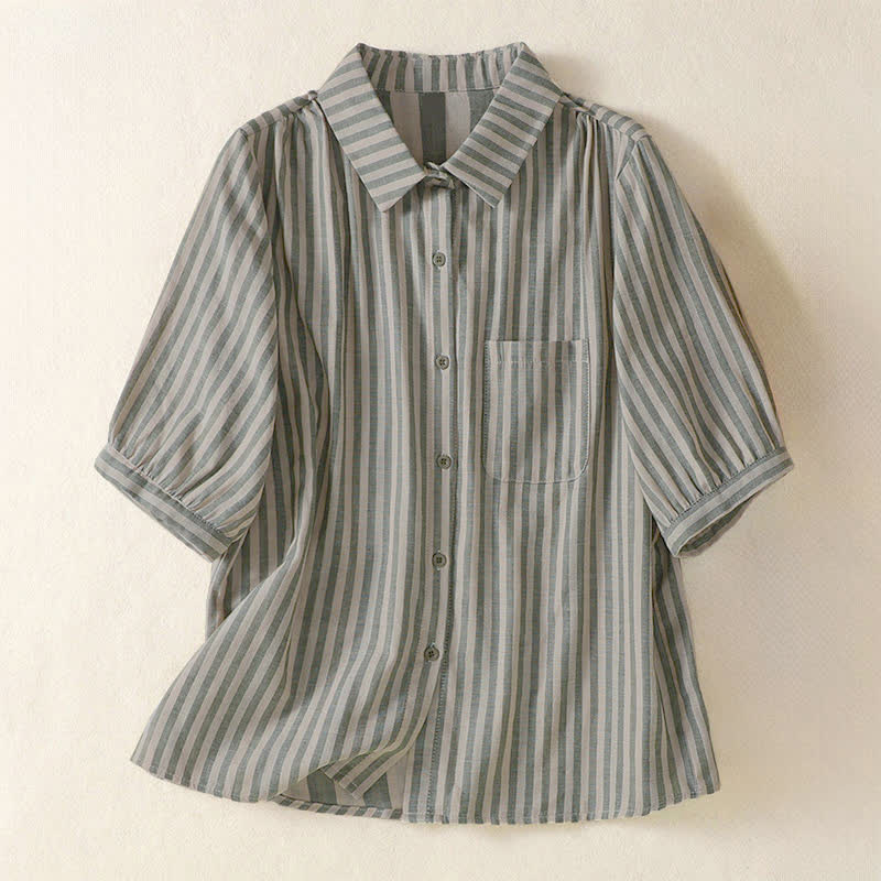 Buddha Stones Camicia da donna estiva casual a maniche corte a righe con bottoni e taschino applicato - Verde oliva - US12, UK/AU16, EU44 (3XL) - image 0