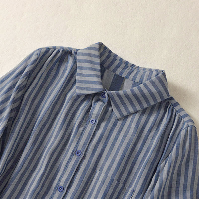 Buddha Stones Camicia da donna estiva casual a maniche corte a righe con bottoni e taschino applicato - image 25