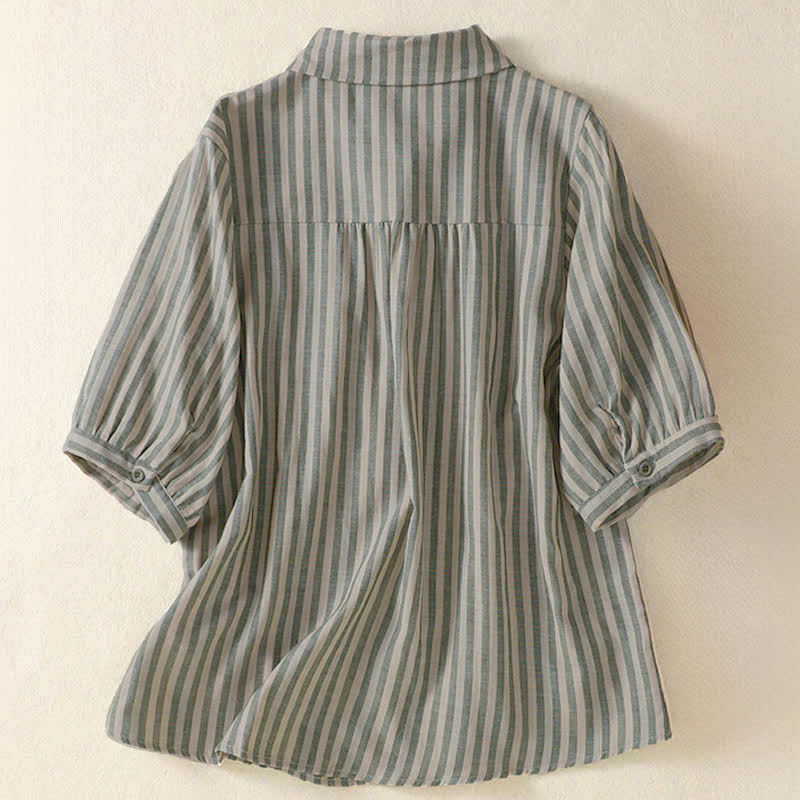 Buddha Stones Camicia da donna estiva casual a maniche corte a righe con bottoni e taschino applicato - image 1