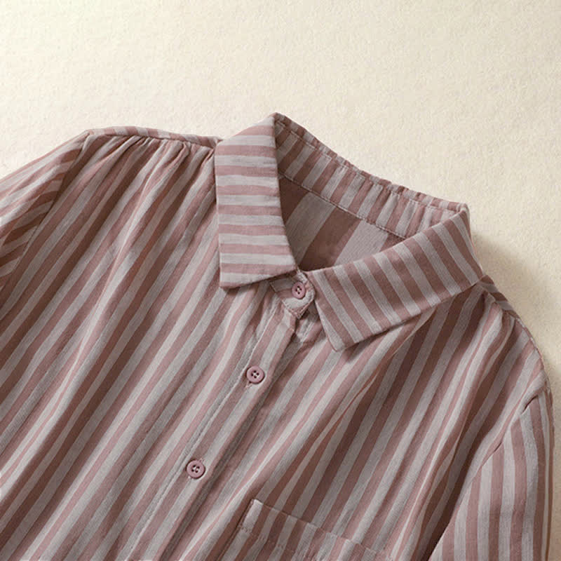 Buddha Stones Camicia da donna estiva casual a maniche corte a righe con bottoni e taschino applicato - image 10