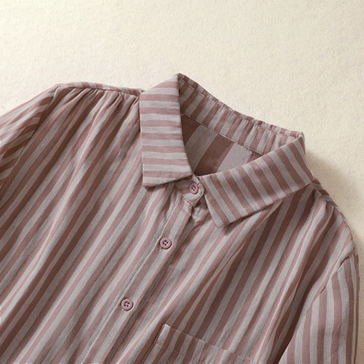 Buddha Stones Camicia da donna estiva casual a maniche corte a righe con bottoni e taschino applicato - image 10