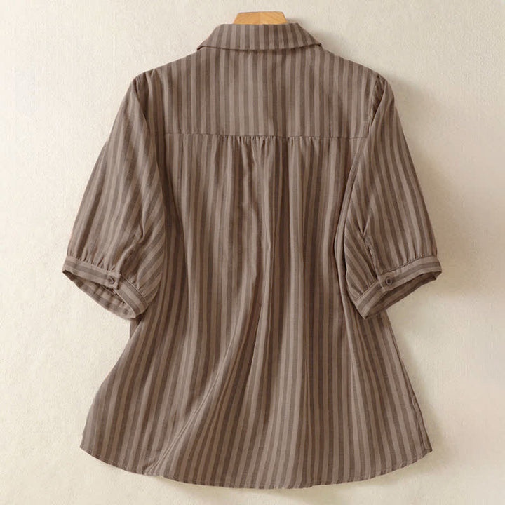 Buddha Stones Camicia da donna estiva casual a maniche corte a righe con bottoni e taschino applicato - image 15