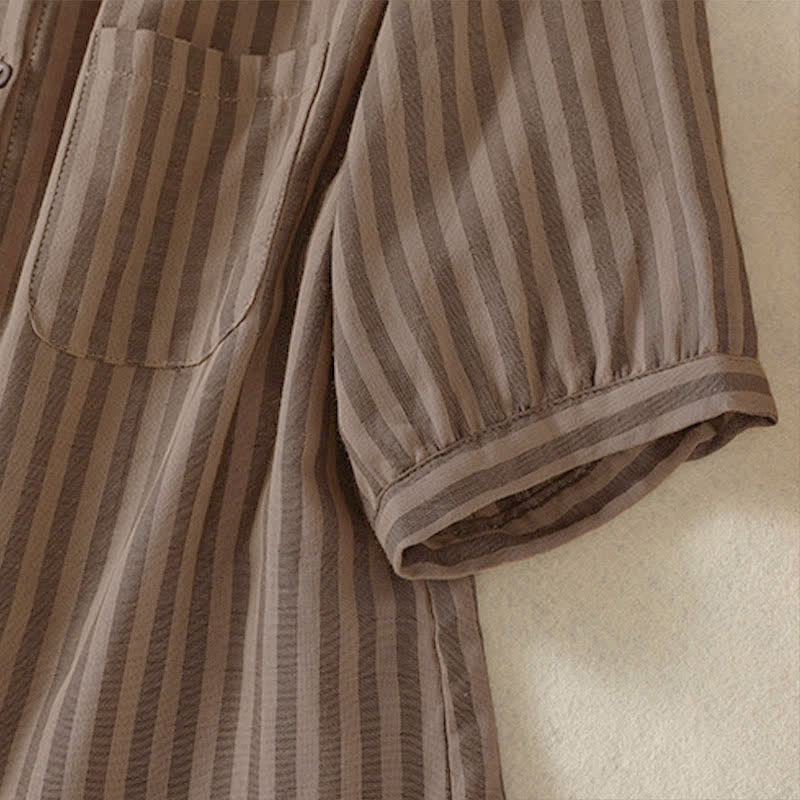 Buddha Stones Camicia da donna estiva casual a maniche corte a righe con bottoni e taschino applicato - image 21