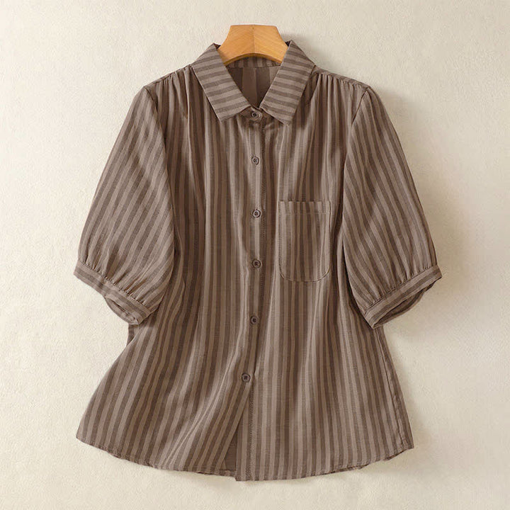 Buddha Stones Camicia da donna estiva casual a maniche corte a righe con bottoni e taschino applicato - Marrone sella - US12, UK/AU16, EU44 (3XL) - image 14