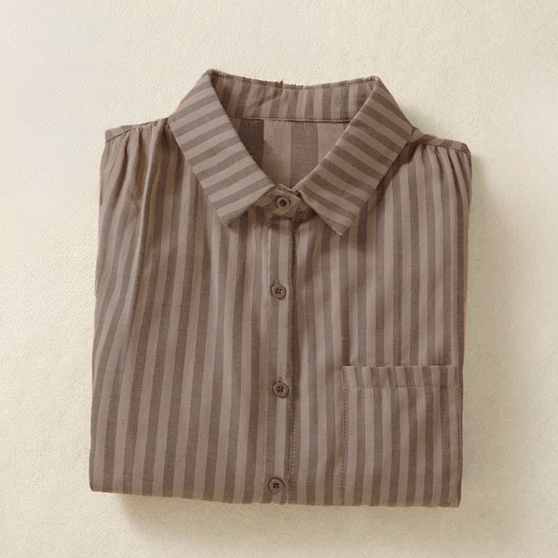 Buddha Stones Camicia da donna estiva casual a maniche corte a righe con bottoni e taschino applicato - image 16