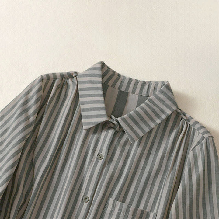 Buddha Stones Camicia da donna estiva casual a maniche corte a righe con bottoni e taschino applicato - image 2