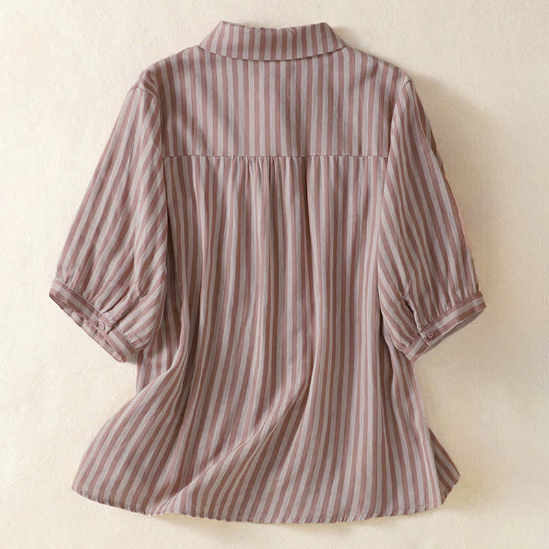 Buddha Stones Camicia da donna estiva casual a maniche corte a righe con bottoni e taschino applicato - image 9