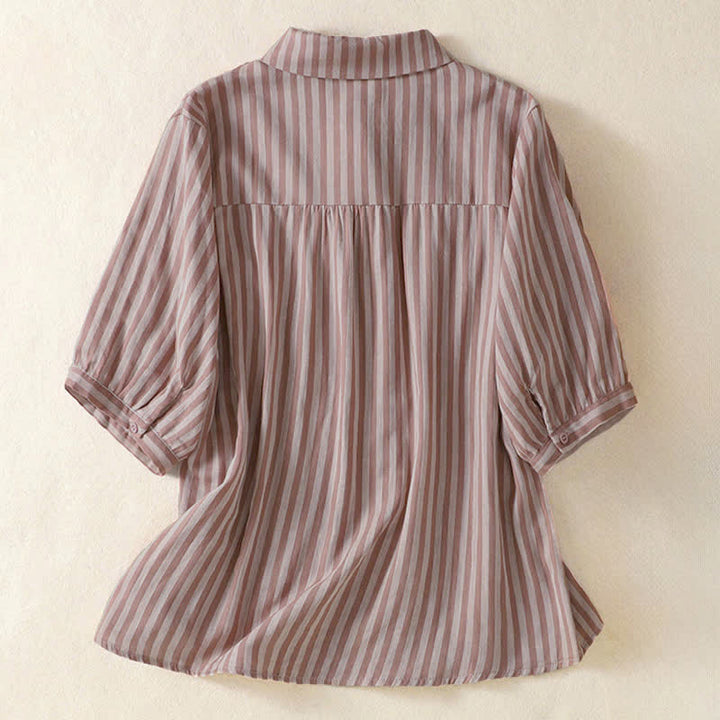 Buddha Stones Camicia da donna estiva casual a maniche corte a righe con bottoni e taschino applicato - image 9