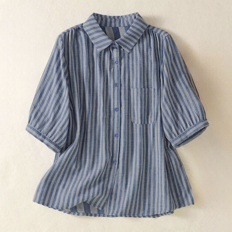 Buddha Stones Camicia da donna estiva casual a maniche corte a righe con bottoni e taschino applicato - SteelBlue - US12, UK/AU16, EU44 (3XL) - image 24