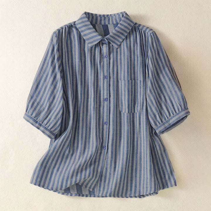 Buddha Stones Camicia da donna estiva casual a maniche corte a righe con bottoni e taschino applicato - SteelBlue - US12, UK/AU16, EU44 (3XL) - image 24
