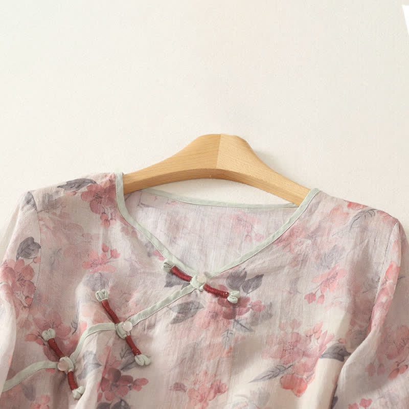 Buddha Stones Camicia da donna estiva stile Tang vintage con scollo a V, bottoni a rana e stampa floreale, maniche a tre quarti. - image 7