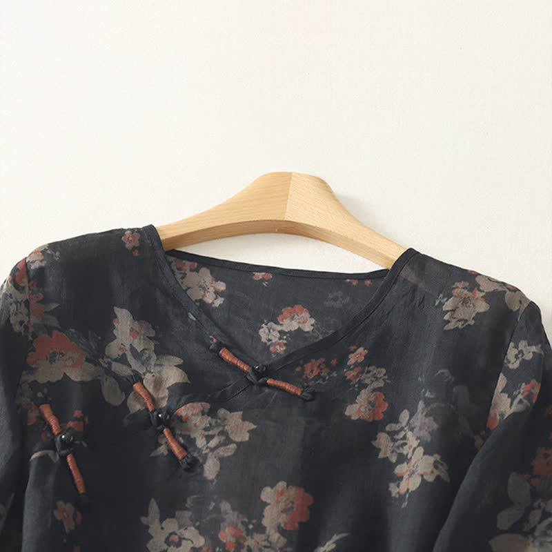 Buddha Stones Camicia da donna estiva stile Tang vintage con scollo a V, bottoni a rana e stampa floreale, maniche a tre quarti. - image 1