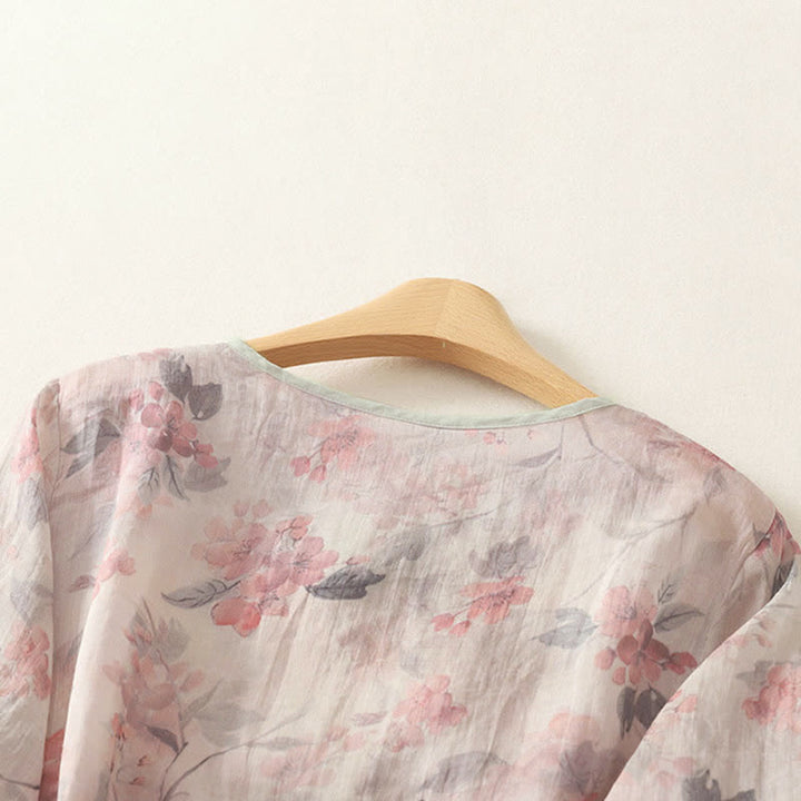 Buddha Stones Camicia da donna estiva stile Tang vintage con scollo a V, bottoni a rana e stampa floreale, maniche a tre quarti. - image 8