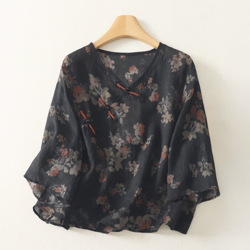 Buddha Stones Camicia da donna estiva stile Tang vintage con scollo a V, bottoni a rana e stampa floreale, maniche a tre quarti. - Nero - US12, UK/AU16, EU44 (3XL) - image 0