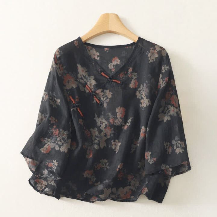 Buddha Stones Camicia da donna estiva stile Tang vintage con scollo a V, bottoni a rana e stampa floreale, maniche a tre quarti. - Nero - US12, UK/AU16, EU44 (3XL) - image 0