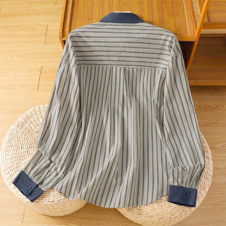 Buddha Stones Camicia da donna a maniche lunghe, casual, minimalista, con bottoni, a righe e profili a contrasto, ideale per la primavera/estate, con taschino applicato. - image 2