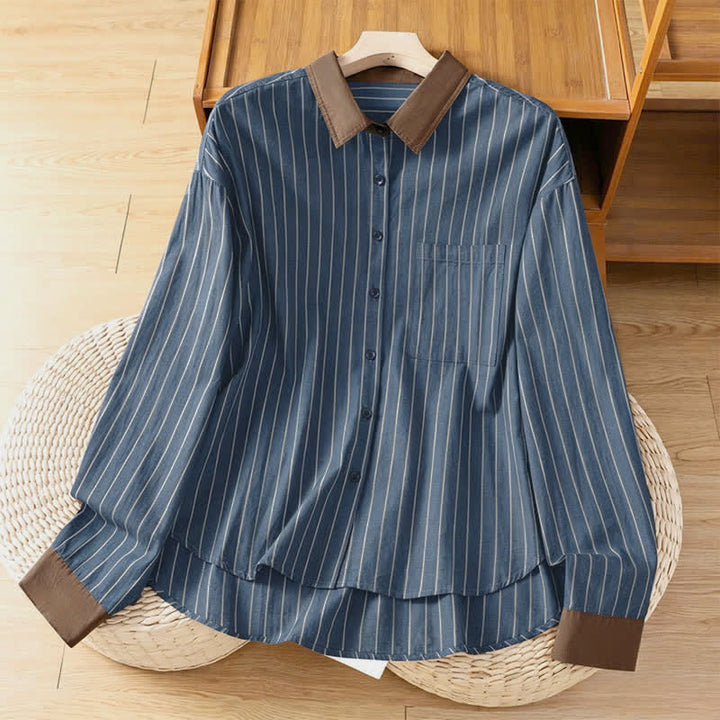 Buddha Stones Camicia da donna a maniche lunghe, casual, minimalista, con bottoni, a righe e profili a contrasto, ideale per la primavera/estate, con taschino applicato. - SteelBlue - US12, UK/AU16, EU44 (2XL) - image 10