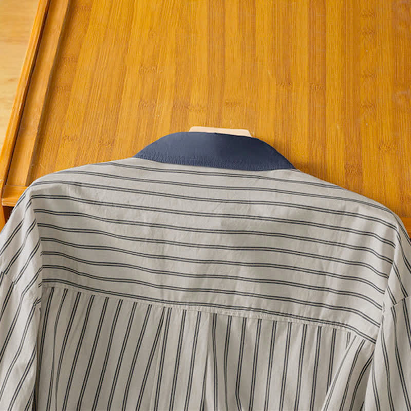 Buddha Stones Camicia da donna a maniche lunghe, casual, minimalista, con bottoni, a righe e profili a contrasto, ideale per la primavera/estate, con taschino applicato. - image 4