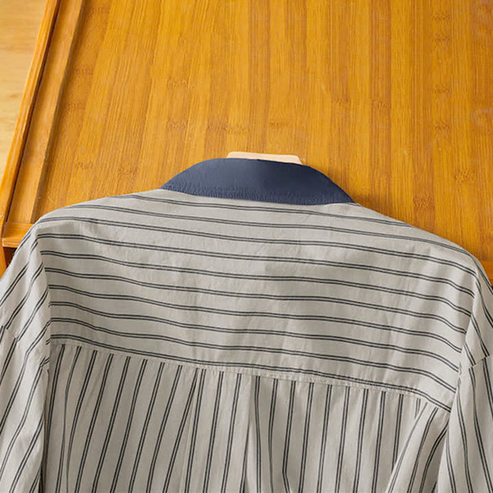 Buddha Stones Camicia da donna a maniche lunghe, casual, minimalista, con bottoni, a righe e profili a contrasto, ideale per la primavera/estate, con taschino applicato. - image 4