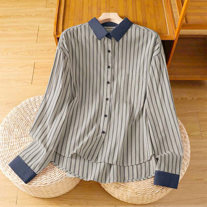 Buddha Stones Camicia da donna a maniche lunghe, casual, minimalista, con bottoni, a righe e profili a contrasto, ideale per la primavera/estate, con taschino applicato. - Gainsboro - US12, UK/AU16, EU44 (2XL) - image 1