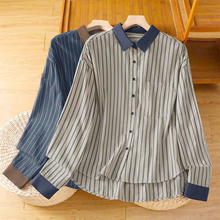 Buddha Stones Camicia da donna a maniche lunghe, casual, minimalista, con bottoni, a righe e profili a contrasto, ideale per la primavera/estate, con taschino applicato. - image 0
