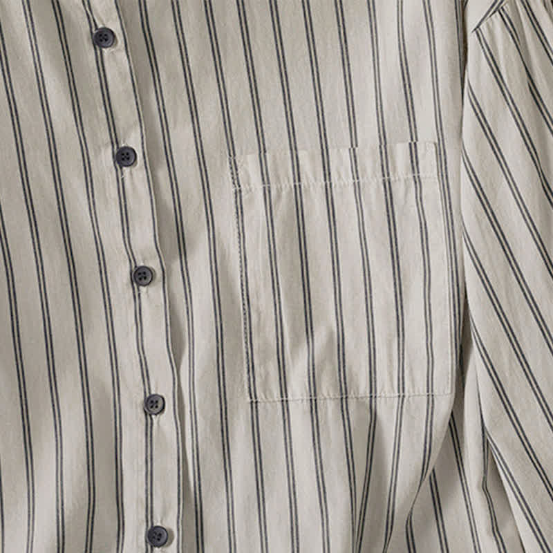 Buddha Stones Camicia da donna a maniche lunghe, casual, minimalista, con bottoni, a righe e profili a contrasto, ideale per la primavera/estate, con taschino applicato. - image 6