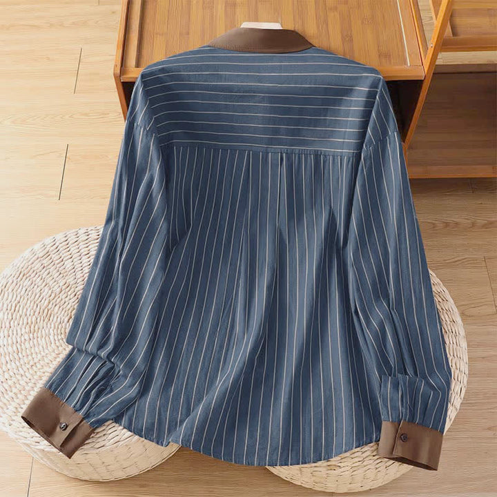 Buddha Stones Camicia da donna a maniche lunghe, casual, minimalista, con bottoni, a righe e profili a contrasto, ideale per la primavera/estate, con taschino applicato. - image 11