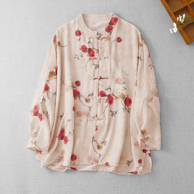 Camicia da donna a maniche lunghe con bottoni a forma di rana vintage e stampa di melograni, stile Tang estivo Buddha Stones. - Beige - US14, UK/AU18, EU46 (2XL) - image 0
