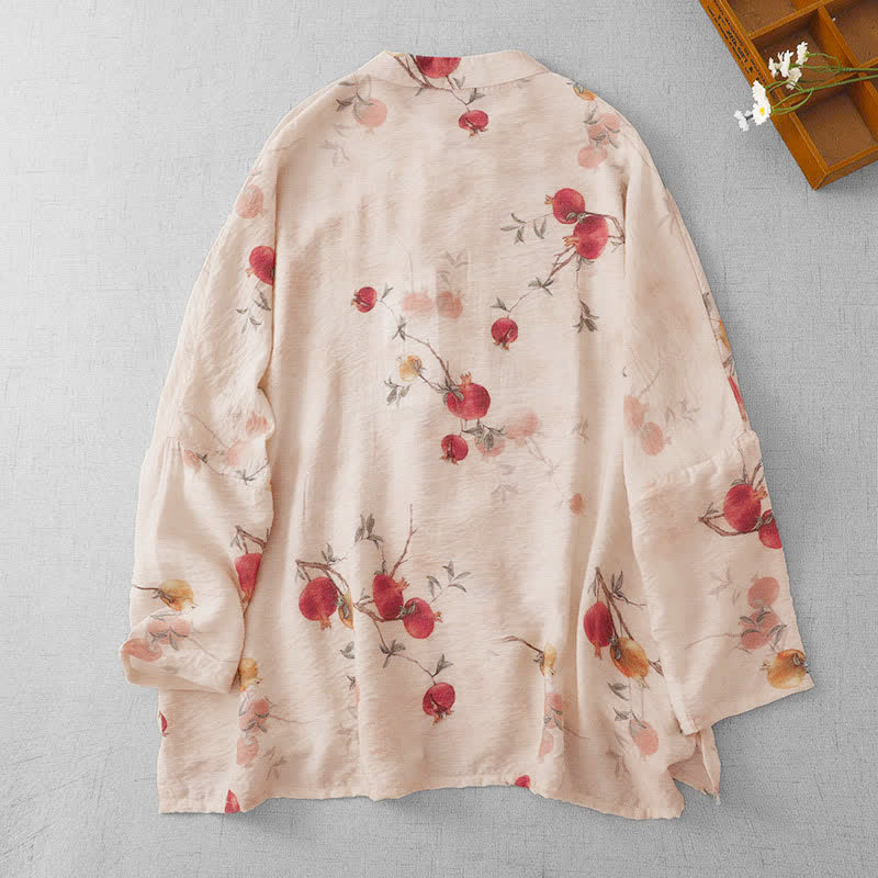Camicia da donna a maniche lunghe con bottoni a forma di rana vintage e stampa di melograni, stile Tang estivo Buddha Stones. - image 1
