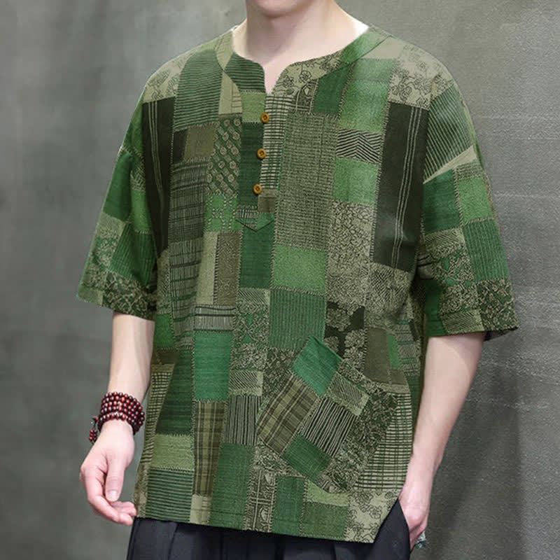 Buddha Stones Camicia da uomo estiva casual a maniche corte con motivo patchwork a quadri e taschino applicato, in stile boho. - image 6