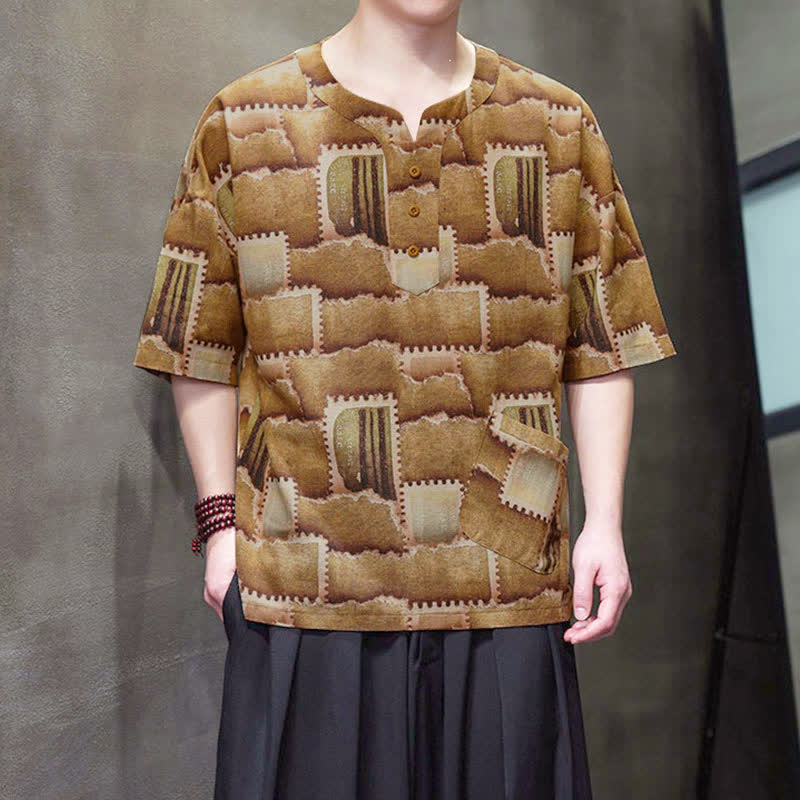 Buddha Stones Camicia da uomo estiva casual a maniche corte con motivo patchwork a quadri e taschino applicato, in stile boho. - image 10