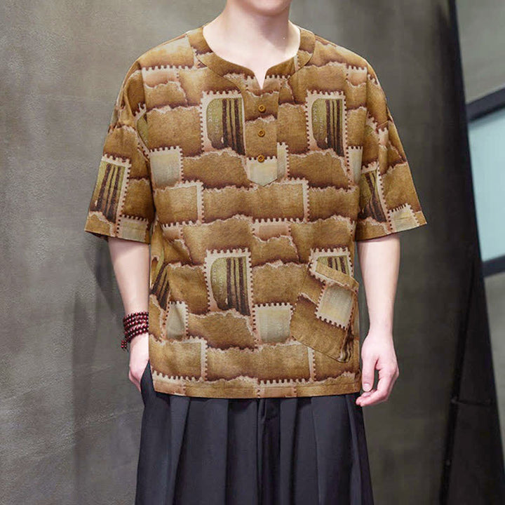 Buddha Stones Camicia da uomo estiva casual a maniche corte con motivo patchwork a quadri e taschino applicato, in stile boho. - image 10