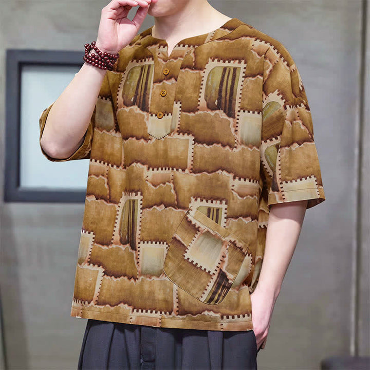 Buddha Stones Camicia da uomo estiva casual a maniche corte con motivo patchwork a quadri e taschino applicato, in stile boho. - image 11