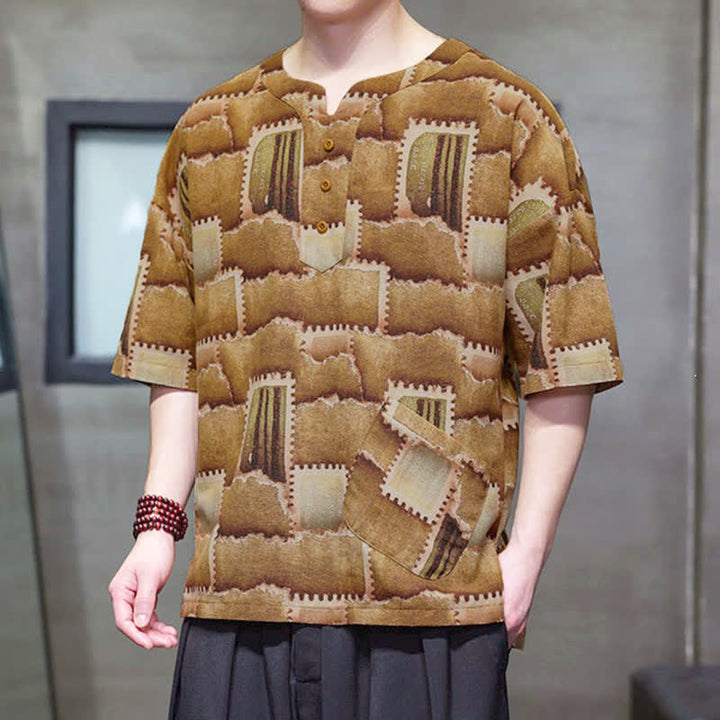 Buddha Stones Camicia da uomo estiva casual a maniche corte con motivo patchwork a quadri e taschino applicato, in stile boho. - image 16