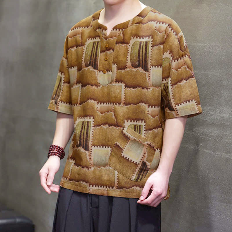 Buddha Stones Camicia da uomo estiva casual a maniche corte con motivo patchwork a quadri e taschino applicato, in stile boho. - image 17