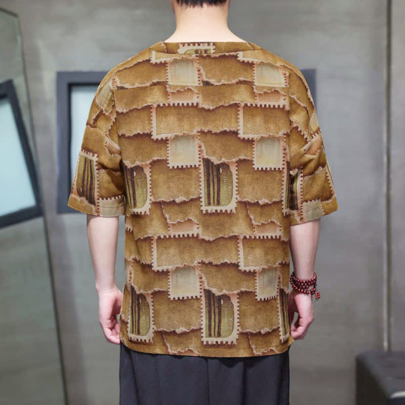 Buddha Stones Camicia da uomo estiva casual a maniche corte con motivo patchwork a quadri e taschino applicato, in stile boho. - image 13