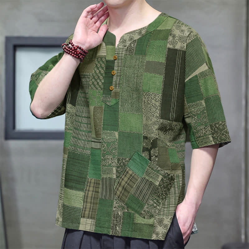 Buddha Stones Camicia da uomo estiva casual a maniche corte con motivo patchwork a quadri e taschino applicato, in stile boho. - image 1