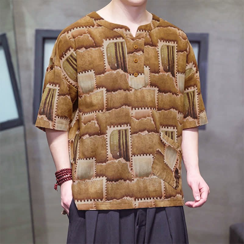 Buddha Stones Camicia da uomo estiva casual a maniche corte con motivo patchwork a quadri e taschino applicato, in stile boho. - image 15