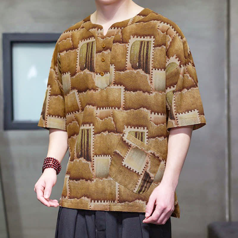 Buddha Stones Camicia da uomo estiva casual a maniche corte con motivo patchwork a quadri e taschino applicato, in stile boho. - Verga d'oro scura - US/UK/AU46, EU56 (5XL) - image 9
